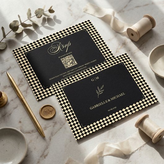 Cartons Réponse Retro Diamond Pattern Black Gold Wedding QR