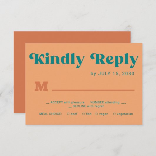 Cartons Réponse Retro orange teal simple typography wedding (Devant / Derrière)