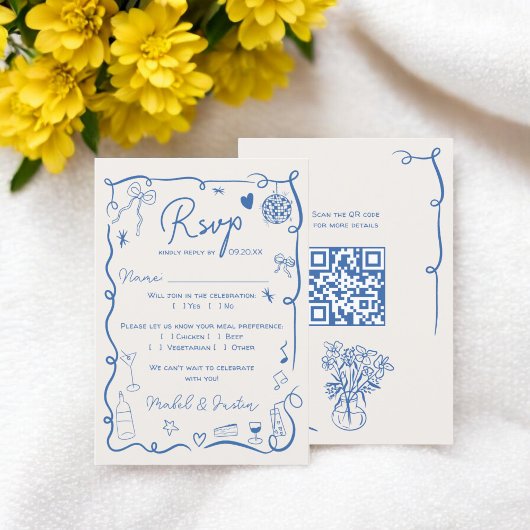 Cartons Réponse Retro tendance bleu français illustré mariage QR