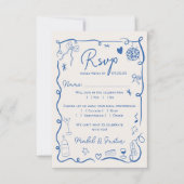 Cartons Réponse Retro tendance bleu français illustré mariage QR (Devant)