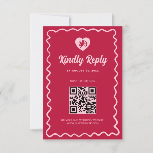 Cartons Réponse Retro Wavy Frame Red Pink Cupid Wedding QR Code (Devant)