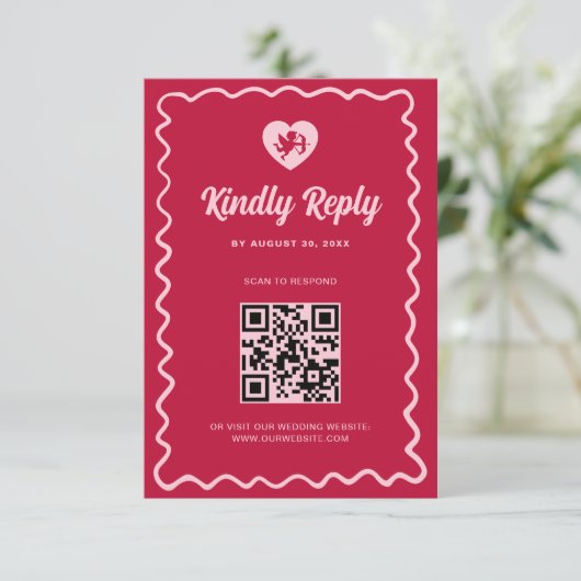 Cartons Réponse Retro Wavy Frame Red Pink Cupid Wedding QR Code (Debout devant)