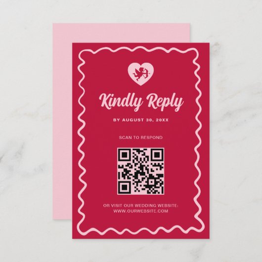 Cartons Réponse Retro Wavy Frame Red Pink Cupid Wedding QR Code (Devant / Derrière)