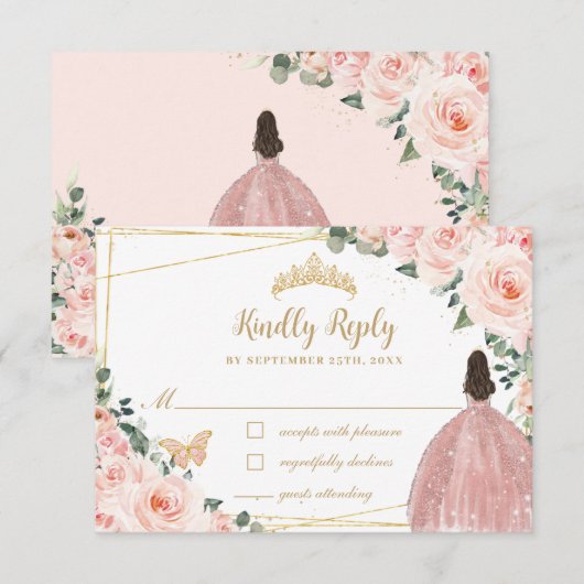 Cartons Réponse Robe de Quinceañera, Papillon bleu rose floral (Devant / Derrière)