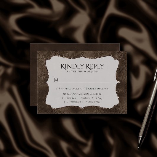 Cartons Réponse Romance en bronze de minuit | Satiny Damask Entree