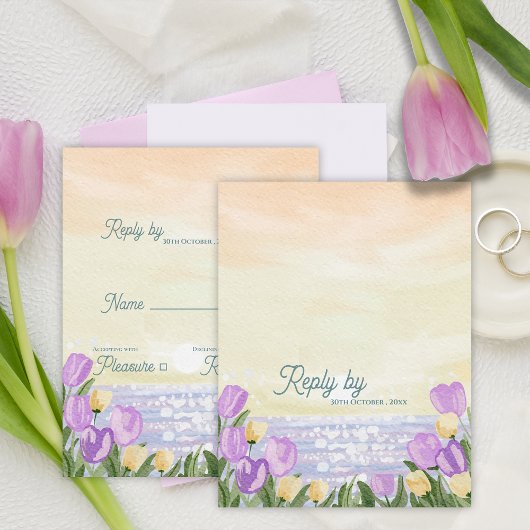 Cartons Réponse Romantic Beach Sunset Purple Florals Wedding Reply