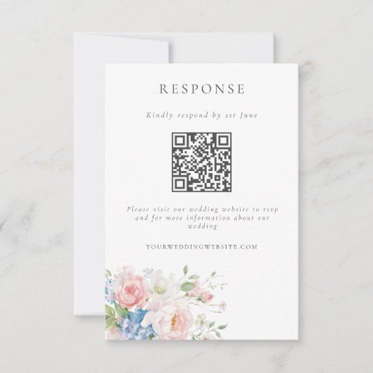 Cartons Réponse Romantic Blue & Pink Pastel Floral QR Code Wedding (Devant)