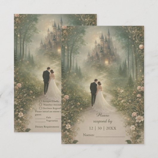 Cartons Réponse Romantic Fairytale Castle Forest Path Wedding (Devant / Derrière)