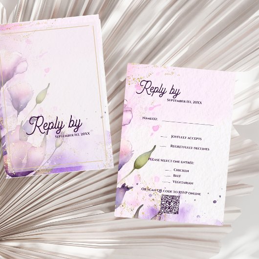 Cartons Réponse Romantic QR Code Lavender Gold Floral Wedding