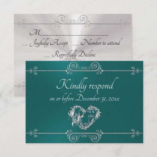 Cartons Réponse Romantic Silver Scroll Heart on Teal (Devant / Derrière)