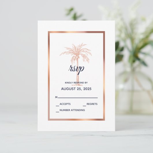 Cartons Réponse Rose bleu marine Gold Cuivre Palm Tree Mariage (Debout devant)