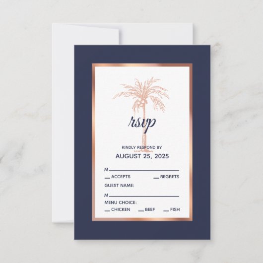 Cartons Réponse Rose bleu marine Gold Palm Tree Beach Mariage (Devant)