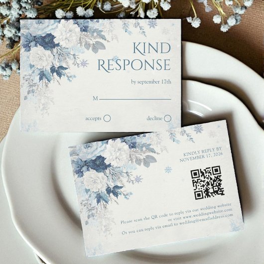 Cartons Réponse Rose d'argent bleu hiver Floral Mariage QR Code
