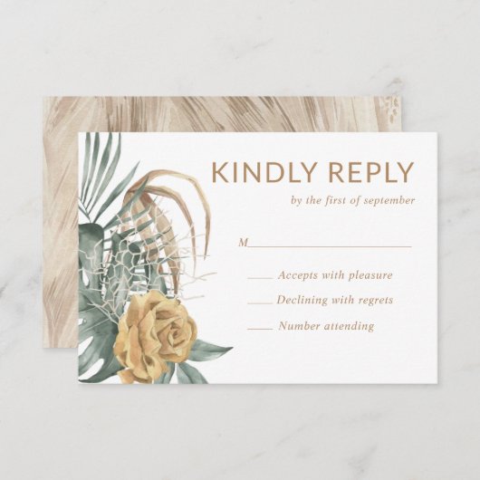 Cartons Réponse Rose d'or Monstera Palm Tropical Oasis Mariage (Devant / Derrière)
