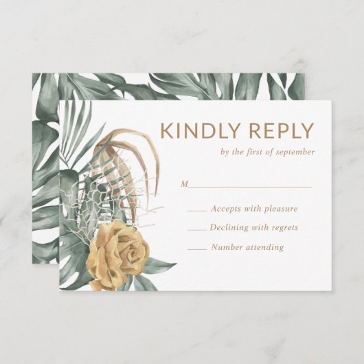 Cartons Réponse Rose d'or Monstera Palm Tropical Oasis Mariage (Devant / Derrière)