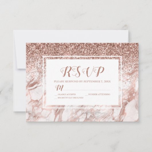 Cartons Réponse Rose Gold Marble Faux Parties scintillant Script (Devant)