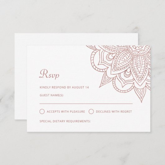 Cartons Réponse Rose indien élégant Gold Mehndi Mariage hindou (Devant / Derrière)