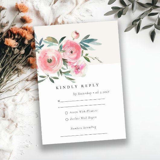 Cartons Réponse Rose rose vert Aquarelle Mariage floral