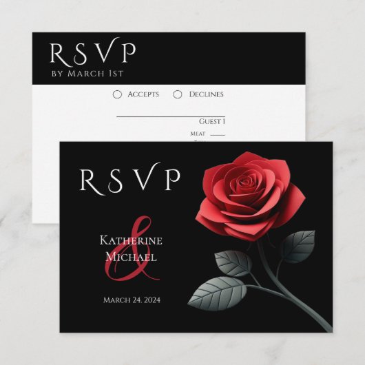 Cartons Réponse Rose rouge-RSVP-Mariage- (Devant / Derrière)