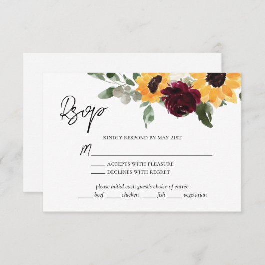 Cartons Réponse Rose Rustique Tournesol Mariage Au Choix De Repas (Devant / Derrière)