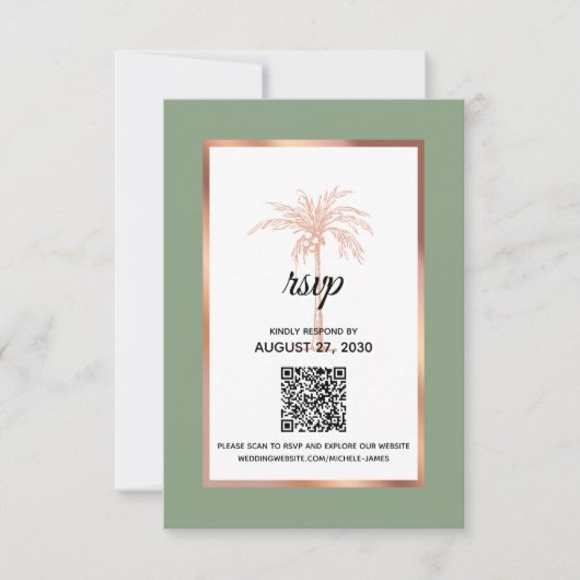 Cartons Réponse Rose Sage Gold Copper Palm Tree QR Code Mariage (Devant)