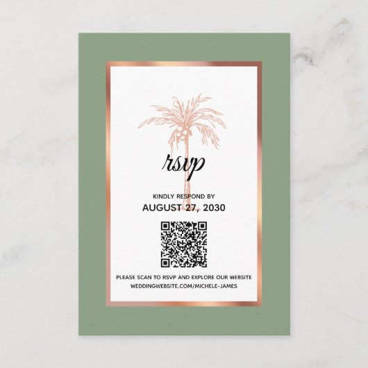 Cartons Réponse Rose Sage Gold Copper Palm Tree QR Code Mariage (Devant)