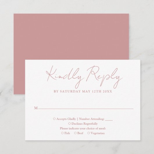 Cartons Réponse Rose simple Dusty rose élégant Mariage de script (Devant / Derrière)