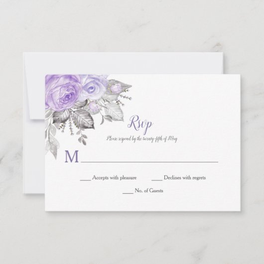 Cartons Réponse Rose violet Feuilles d'argent - blanc - Mariage | (Devant)