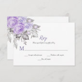 Cartons Réponse Rose violet Feuilles d'argent - blanc - Mariage | (Devant / Derrière)