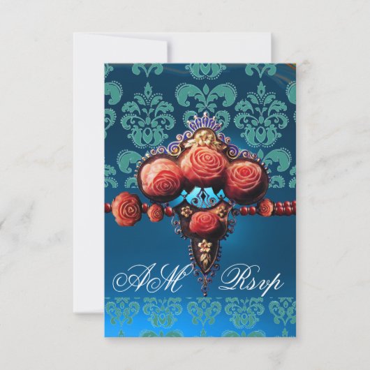 CARTONS RÉPONSE ROSES DE CORAIL ROUGE, BLEU BLACK DAMASK MONOGRAM (Devant)