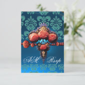 CARTONS RÉPONSE ROSES DE CORAIL ROUGE, BLEU BLACK DAMASK MONOGRAM (Debout devant)