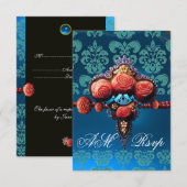 CARTONS RÉPONSE ROSES DE CORAIL ROUGE, BLEU BLACK DAMASK MONOGRAM (Devant / Derrière)