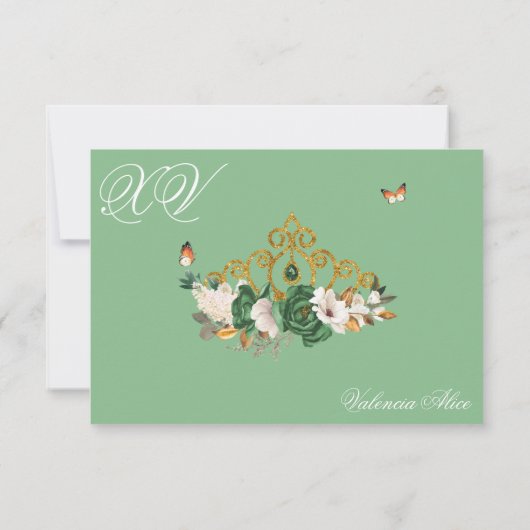 Cartons Réponse Roses d'or vert Elégant or Tiara Quinceanera (Dos)