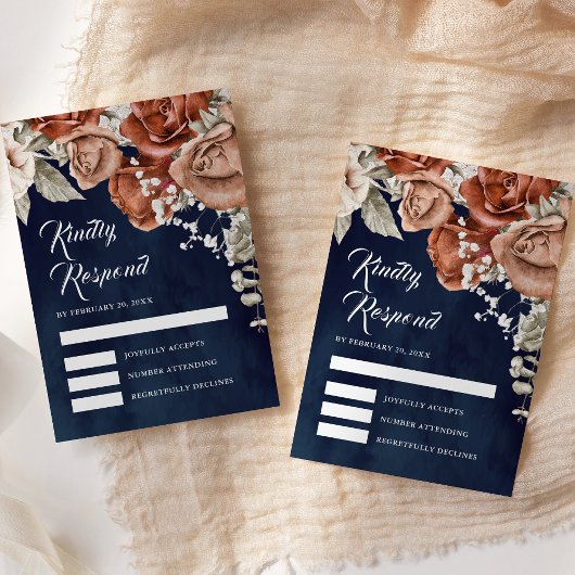 Cartons Réponse Roses orange brûlé Terracotta Floral Navy Mariage