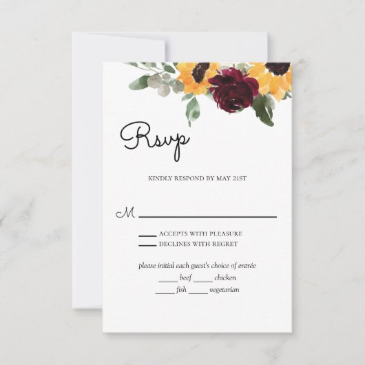 Cartons Réponse Roses Tournesol Mariage Rustique Avec Choix De Rep (Devant)