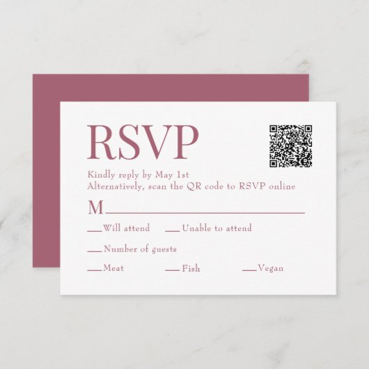 Cartons Réponse Rosewood Rose Scan Qr Code Mariage de choix de rep (Devant / Derrière)