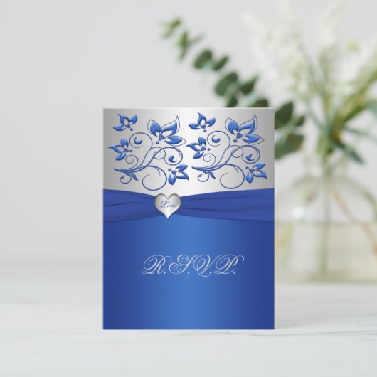 Cartons Réponse Royal Blue and Silver Love Heart Reply Card (Debout devant)