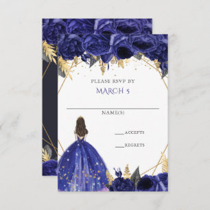 Cartons Réponse Royal Blue Gold Floral Princess Quinceanera
