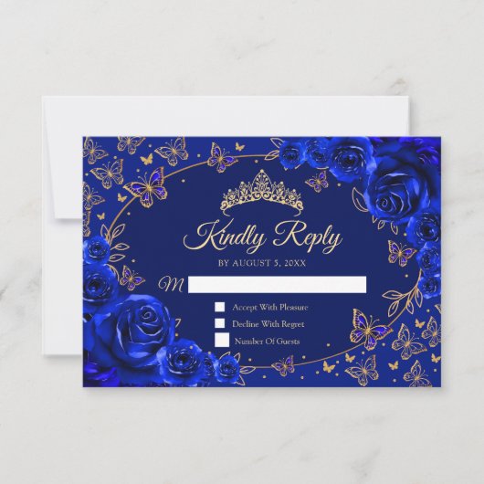 Cartons Réponse Royal Blue Gold Quinceanera Reply (Devant)