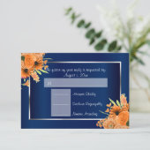 Cartons Réponse *RSVP - Jolies fleurs orange sur bleu marine (Debout devant)