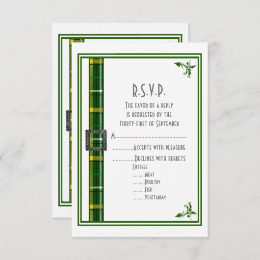 Cartons Réponse Ruban écotan vert plaid mariage R.S.V.P (Devant / Derrière)