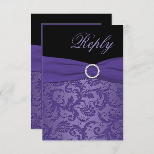 Cartons Réponse Ruban imprimé Carte-réponse en damas violet et noi (Devant / Derrière)