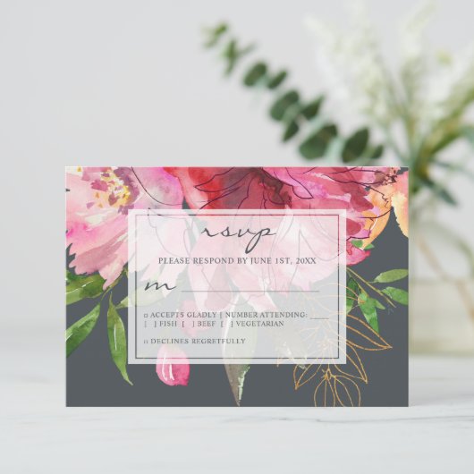 Cartons Réponse Ruby Pink Peony Floral Mariage (Debout devant)