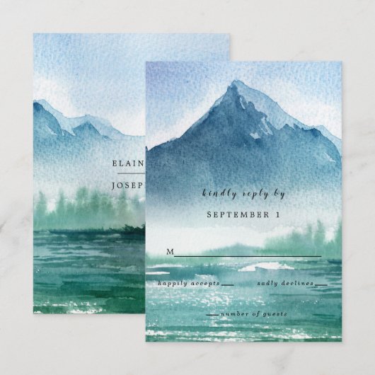 Cartons Réponse Russe Aquarelle Pine Mountains Lac Mariage (Devant / Derrière)