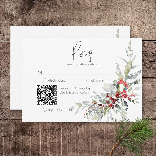Cartons Réponse Russe Winter Holly Berries & Snow Mariage QR Code