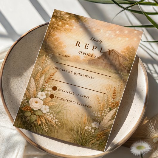 Cartons Réponse Rustic Barn Meadow String Lights Wedding