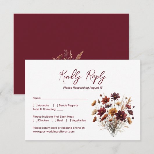 Cartons Réponse Rustic Burgundy Boho Chic Wildflowers Wedding (Devant / Derrière)