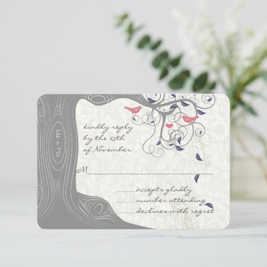 Cartons Réponse Rustic Country Chic Tree Swirl Inséparables Mariag (Debout devant)