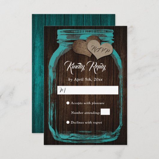 Cartons Réponse Rustic Country Turquoise bois Mason Jar Mariage RS (Devant / Derrière)