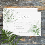 Cartons Réponse Rustic Fern Foliage Blanc Dîner Mariage<br><div class="desc">Présentant notre carte de réponse mariage enchanteresse avec choix de dîner, où l'élégance rencontre la nature en parfaite harmonie. Un cadre ovale doux et plumé, orné d'une végétation luxuriante, de lierre, de fougères, etc., magnifiquement dressé contre un arrière - plan blanc immaculé. Découvrez l'essence d'une escapade romantique dans les bois...</div>